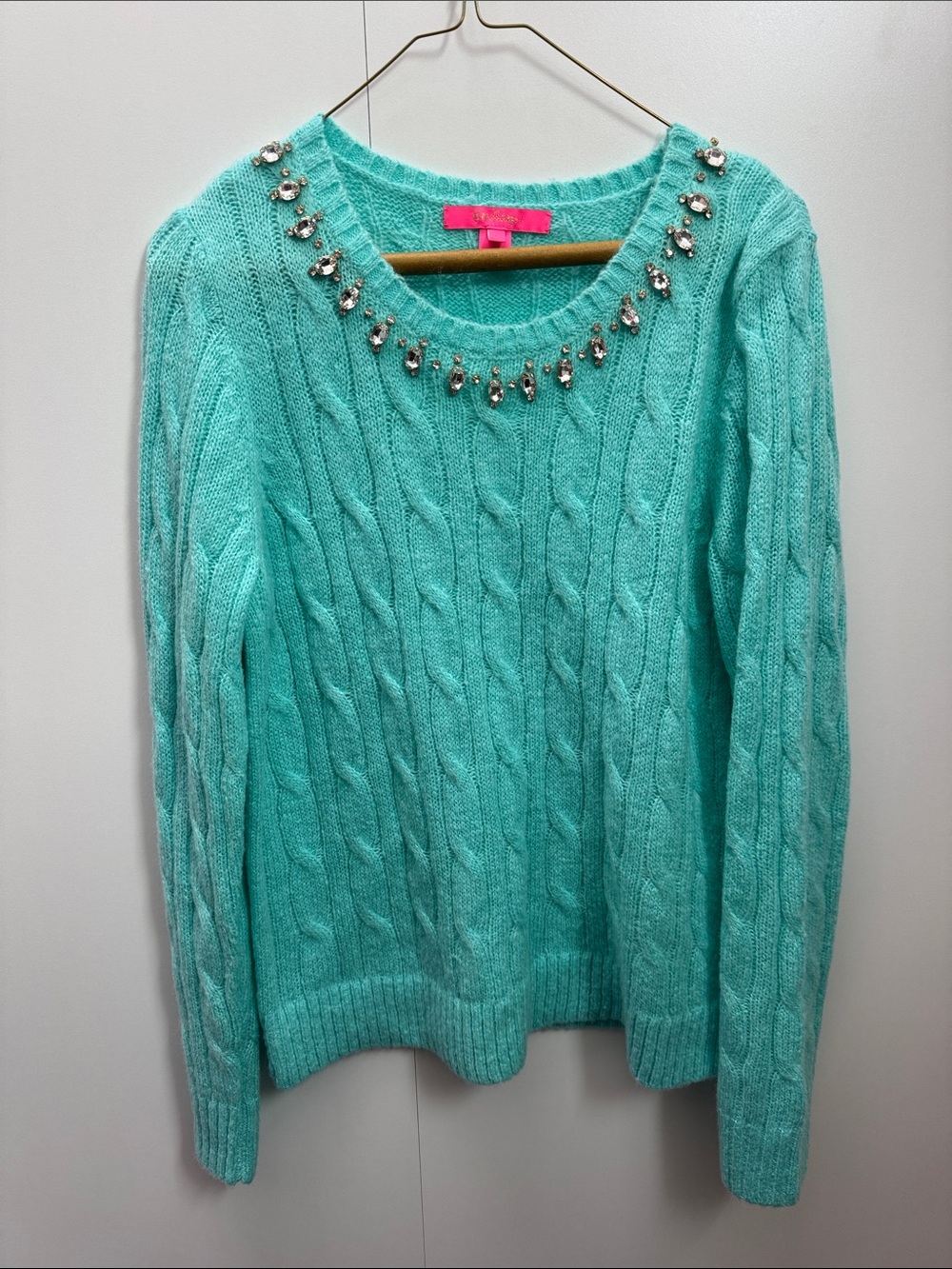 Lilly Pulitzer Aqua Cable Knit Jewel-Neck Sweater
